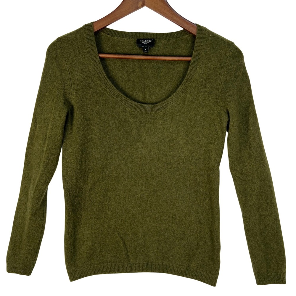 Talbots Cashmere Sweater Women XS Petite Olive Green Scoop Neck Long Sleeve